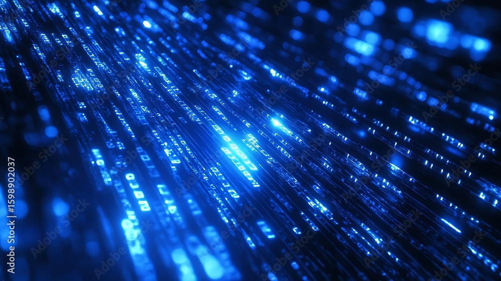 Aufkleber abstract digital stream with blue glowing code flowing on dark background