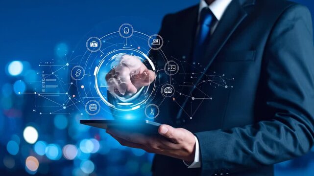 Business people interact with futuristic digital network robots. 4k video