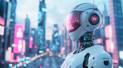 Futuristic Robot Gazing Over the Cyberpunk Cityscape at Night