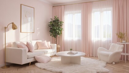 Modern living room features white sofa, armchair, and plush rug. Soft pink walls and sheer curtains create a cozy, inviting atmosphere. A golden floor lamp and framed art add stylish accents.