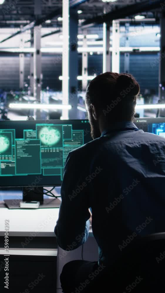 Poster vertical video server farm programmers seeing hacking warning, working to secure systems from cybera