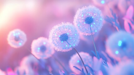 Softly lit field of glowing white dandelion seed heads, pastel pink and blue hues, shallow depth of field, dreamy aesthetic