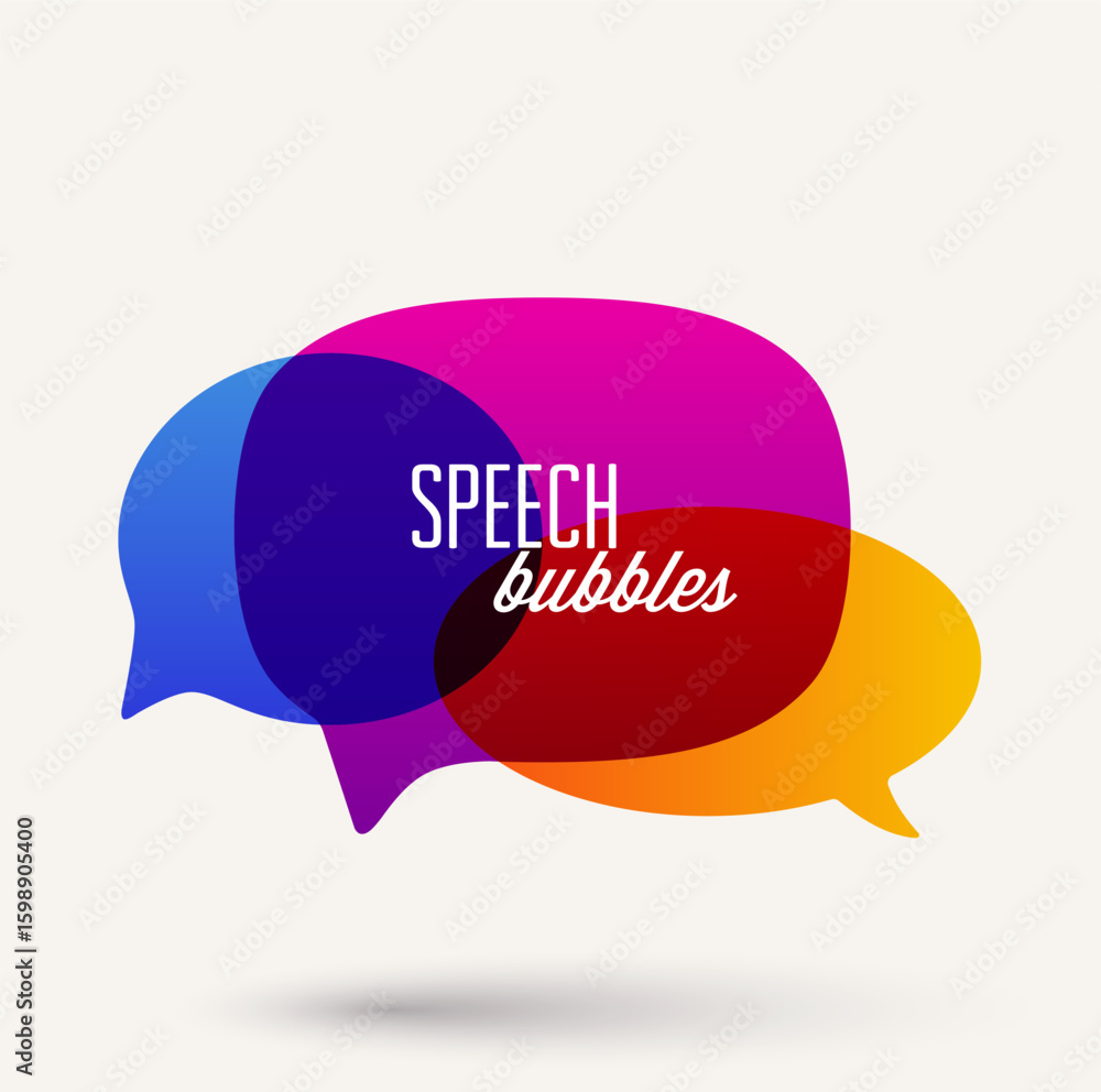 Poster abstract illustration with colorful dialog speech bubbles and text on white background. communicatio