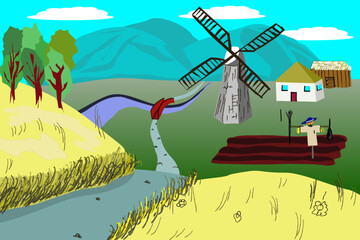 Landscape with a field and a road. Mountains under the sky in the background. Field with a scarecrow. Windmill near the house and barn. Living in solitude. Farmhouse with a windmill and a field