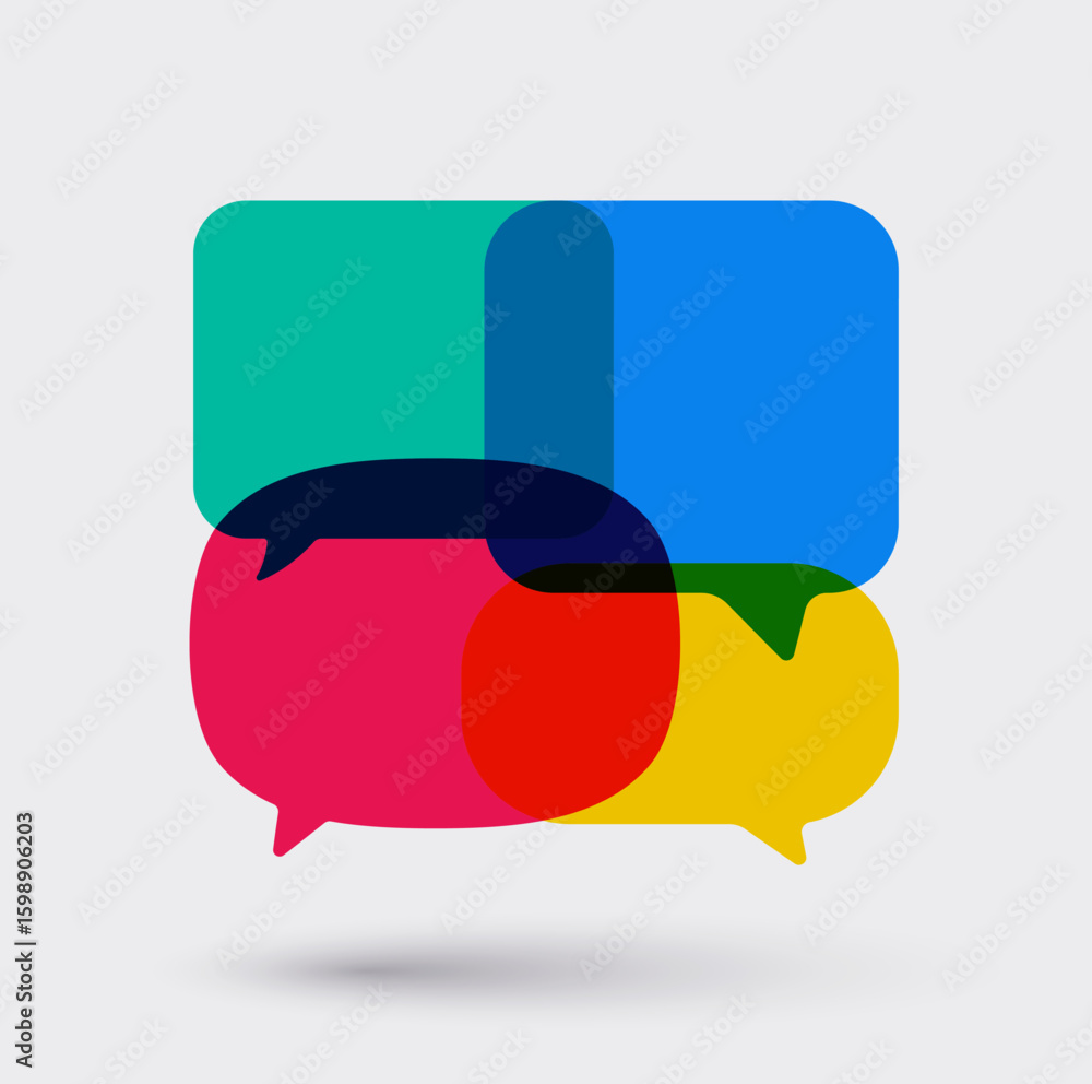 Poster abstract illustration with colorful dialog speech bubbles and text on white background. communicatio