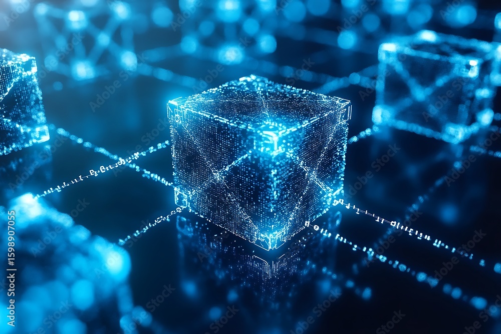 Poster glowing cubes connecting digital network technology for data transfer concept