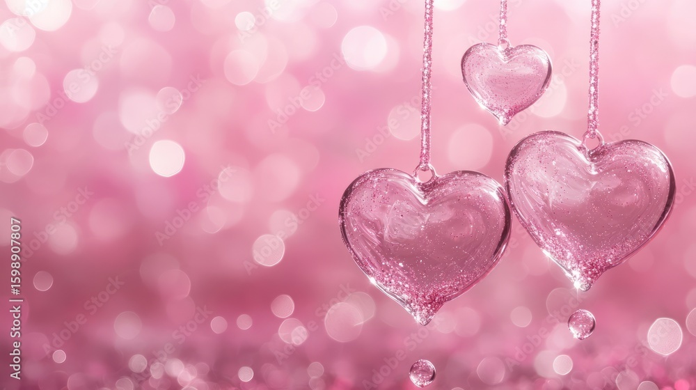 Poster delicate pink hearts on strings against a blurred bokeh background