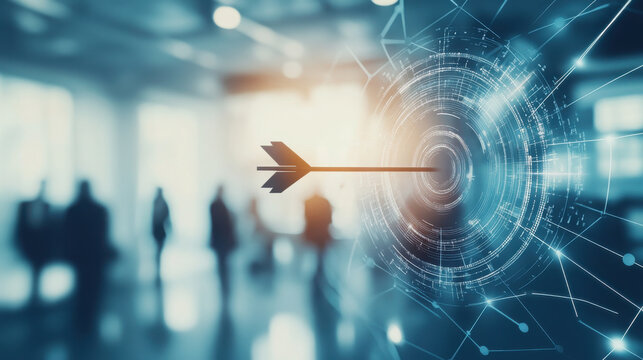 Arrow hitting target with digital overlay and blurred people in background. Business accuracy and goal achievement concept for success.