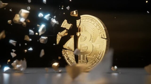Bitcoin coin shattering into golden fragments