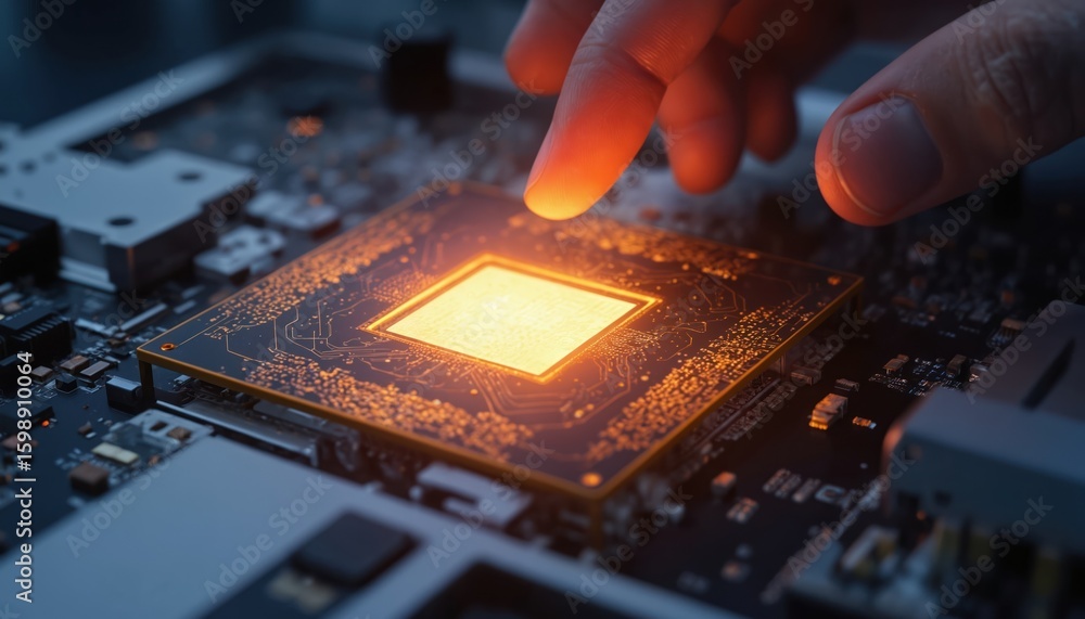 Poster close-up of hand interacting with glowing quantum computer processor chip on circuit board. cutting-