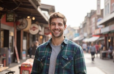 Obraz premium Man in his 30s wears green flannel shirt. Smiling against vibrant market street background with shops and pedestrians. Casual attire embodies comfort and urban lifestyle.