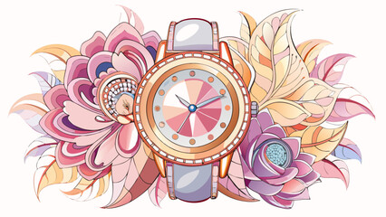 Feminine luxury timepiece with pearl strap, transparent sapphire case back, flower-engraved dial, and soft pink tones. Radiates charm and uniqueness — perfect for artistic vector on white.