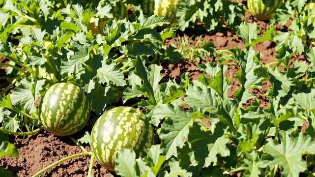 A view of several watermelons growing in a field surrounded by green leaves on a sunny day outdoors