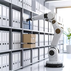 Business automation concept - Automated Archive Retrieval Robotic Arm Sorting Documents in Modern Office