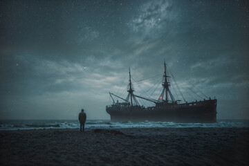 Naklejka premium old ship in the sea