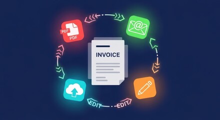 Digital invoice processing workflow with icons for email pdf cloud upload and