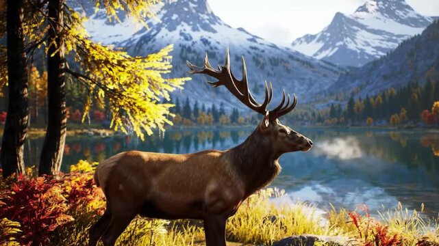 Strong elk standing against snowy mountain peak with antlers in bloom
