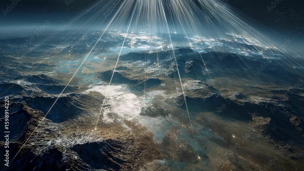 Poster high above a planetary landscape sharp rays of luminescence cascade down highlighting the contours o