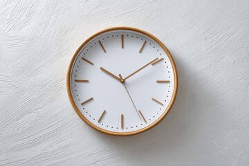 Modern round wall clock with wooden frame and clean white face on textured background, styled for Scandinavian interiors and lifestyle products