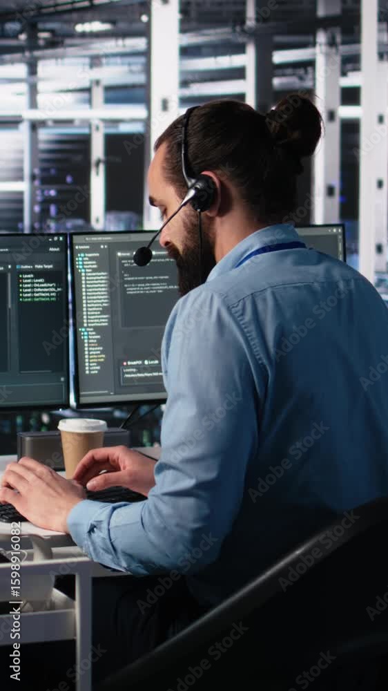 Poster vertical video engineer in data center wearing headset assisting users with ai enhanced troubleshoot