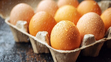 Close-up of a cardboard egg carton holding several brown eggs, glistening with water droplets under a light rain