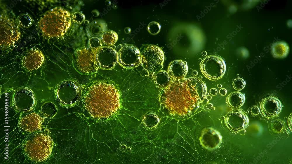 Poster microscopic view of a green substance with golden particles and air bubbles forming an intricate, ab