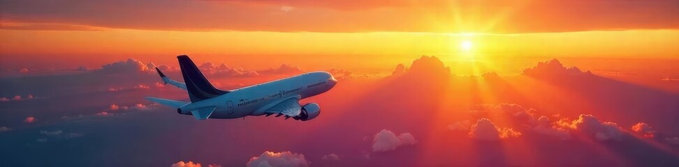 A sleek, modern airplane soaring through a vibrant sunset sky, embodying the spirit of global travel and adventure , flight, beautiful