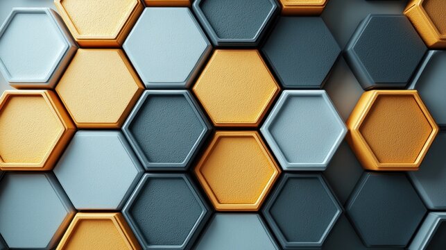 Abstract Hexagonal Pattern:  A modern geometric design featuring overlapping hexagons in shades of gray, orange, and blue.