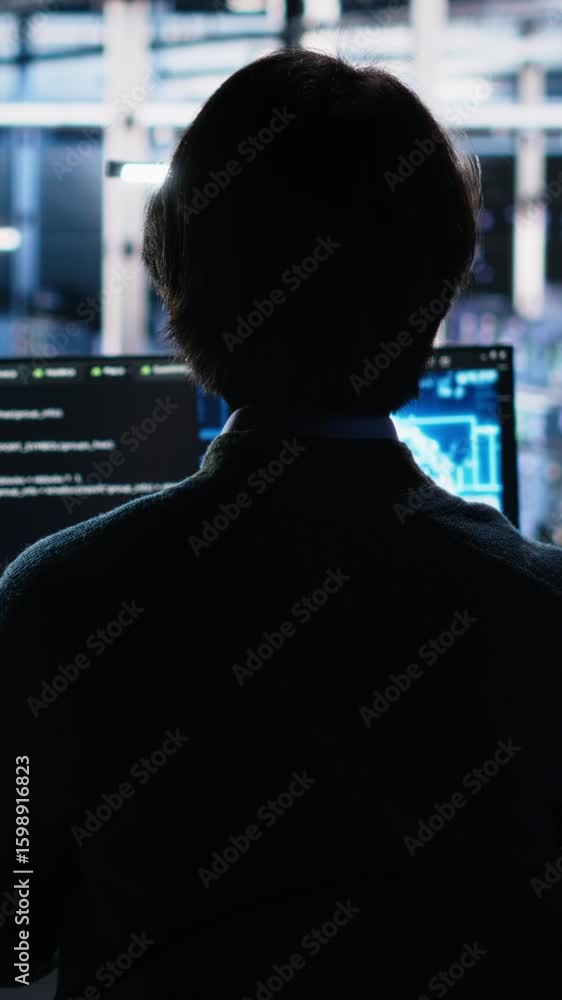 Poster vertical video engineer in server room using ai to review infrastructure diagnostics on devices. it 