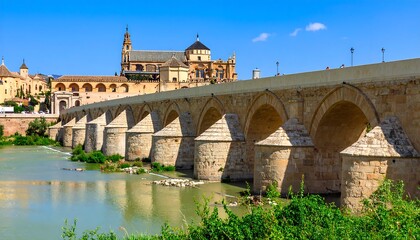 Naklejka premium Panoramic view of a historic stone arch bridge over a river, with a cathedral in the background
