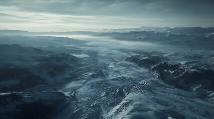 Fototapeta premium Snowy Mountain Range Landscape Aerial View Under Overcast Sky Scenery