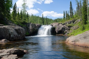 Scenic View of a Cascading Waterfall Surrounded by Lush Greenery and Majestic Rocky Outcrops Under a Clear Blue Sky
