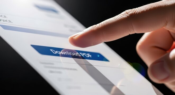 A closeup shot shows a finger pressing the download pdf button on a digital
