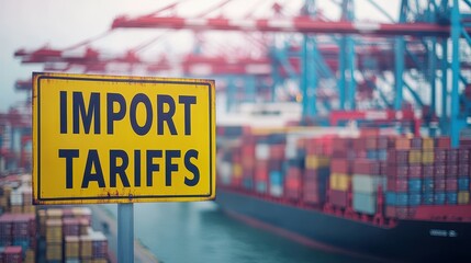 A yellow and black sign with the words "IMPORT TARIFFS" written on it, an ocean port in the background with cargo ships, cranes.
