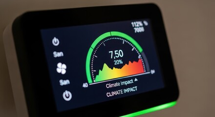 A closeup view of a smart home energy monitor displaying climate impact data with a