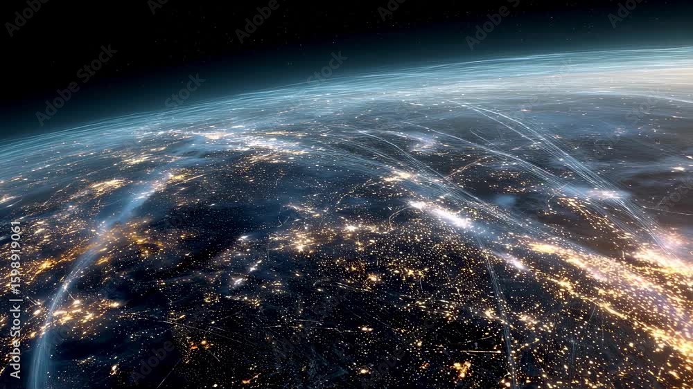 Poster from a cosmic vantage point the surface of a distant planet glows with interconnected nodes of light