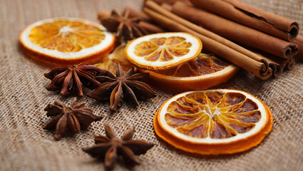 Aromatic star anise and dried orange slices are artfully arranged with cinnamon sticks on a rustic burlap background, evoking warmth and holiday cheer