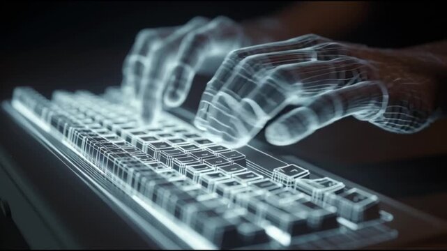 "Digital Interface Mastery: Glowing Wireframe Hands Rapidly Typing on an Illuminated Virtual Keyboard in a High-Tech Realm"