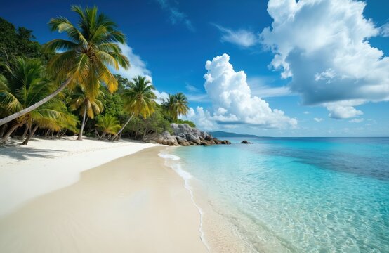 Idyllic tropical beach paradise with palm trees bordering pristine white sand. Crystal clear turquoise ocean water gently laps shore under bright blue sky with fluffy clouds. Scenic coastal landscape