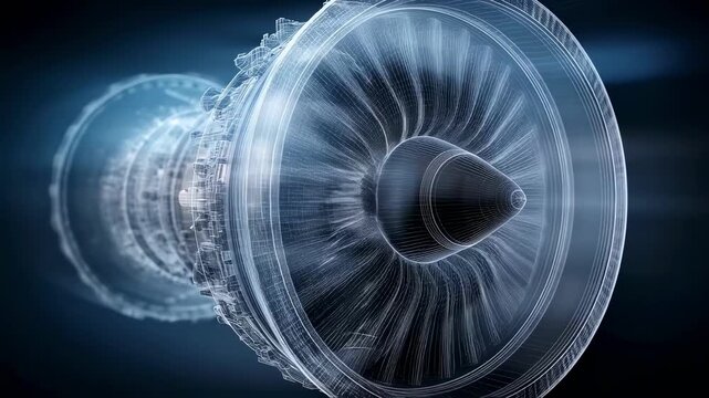 A sideon view of a spinning airplane engine its external casing dissolving into a transparent wireframe display that exposes the complex arrangement of shafts and fan blades resonating