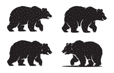 Fototapeta premium Set of stylized black bear silhouettes walking with spotted pattern in vector illustration