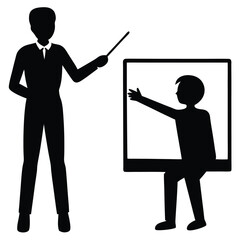Vector silhouette of a teacher pointing towards a student, as if asking them to answer