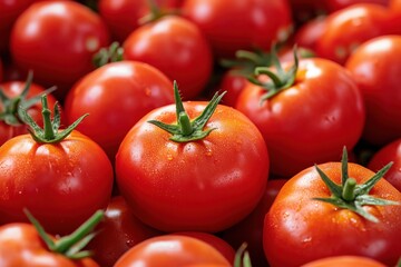 Fototapeta premium A Vibrant Display of Fresh, Juicy Red Tomatoes Showcasing Their Glossy Skin and Lush Green Stems, Ideal for Culinary Delights and Garden Aesthetics