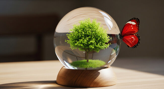 A bonsai tree inside a glass dome, with a vibrant blue butterfly, in photorealistic style. - Powered by Adobe