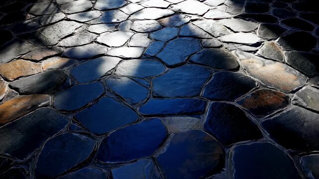 The image showcases an intricate pattern of irregularly shaped dark cobblestones where subtle variations in color create a sense of depth. Light filters through highlighting the edges