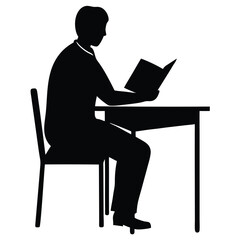 Vector silhouette of a teacher sitting at a desk, reading a book or reviewing exam papers 