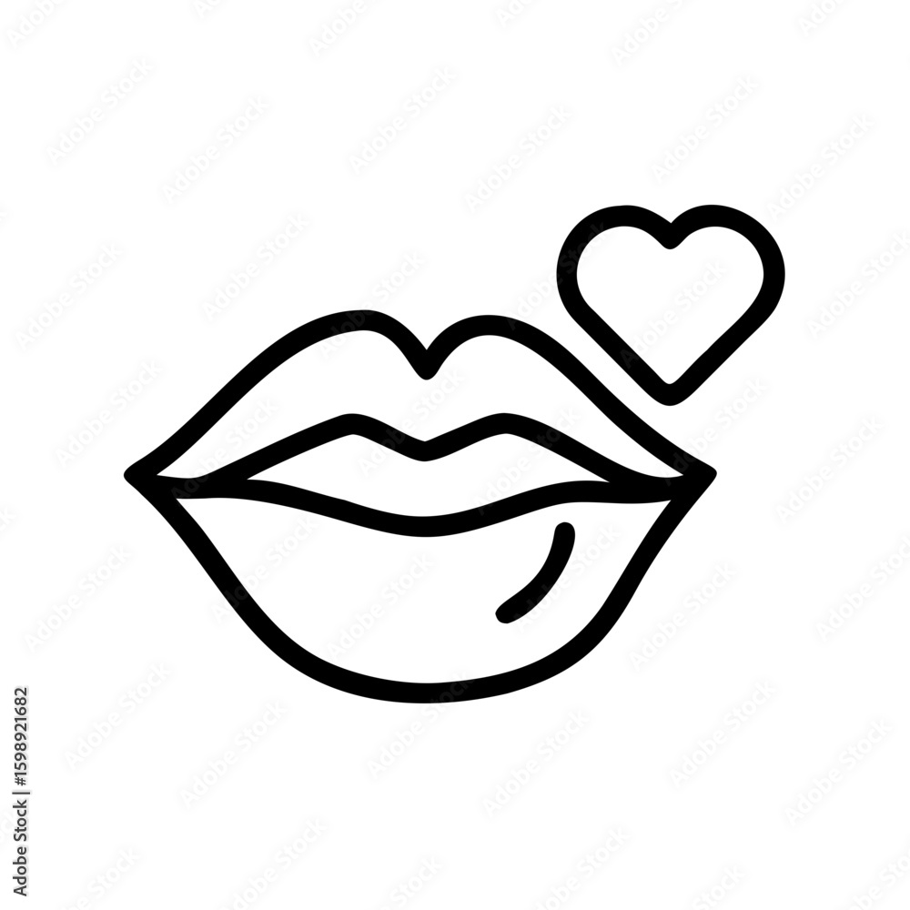 Poster outline drawing of a pair of lips with a heart shape floating nearby in a simple graphic style