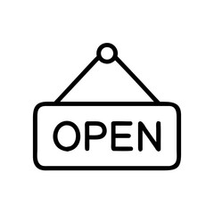 A hanging sign with the word open displayed in bold lettering and a simple line drawing style design here