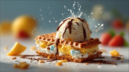 Half Eaten Ice Cream Sandwich with Splashing Chocolate Sauce