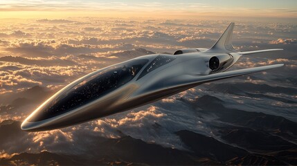 Obraz premium Futuristic Aircraft Soaring Above Clouds at Sunset
